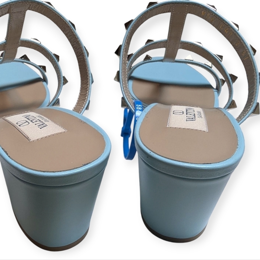 Valentino Garavani Rockstud 60 Caged Block-Heel Slide Sandals Size 7 Acquamarina - Picture 12 of 13